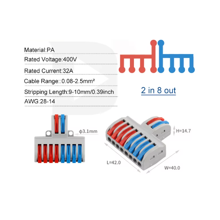 Quick Wire Connector 2-in 8-out