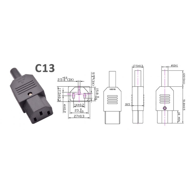 IEC 320 Straight Cable AC Socket C13